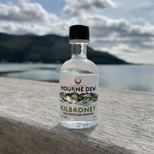A small bottle of Kilbroney Mourne Dew Irish Gin, 50ml, standing on a weathered wooden surface with a scenic background of water, mountains, and a cloudy sky.
