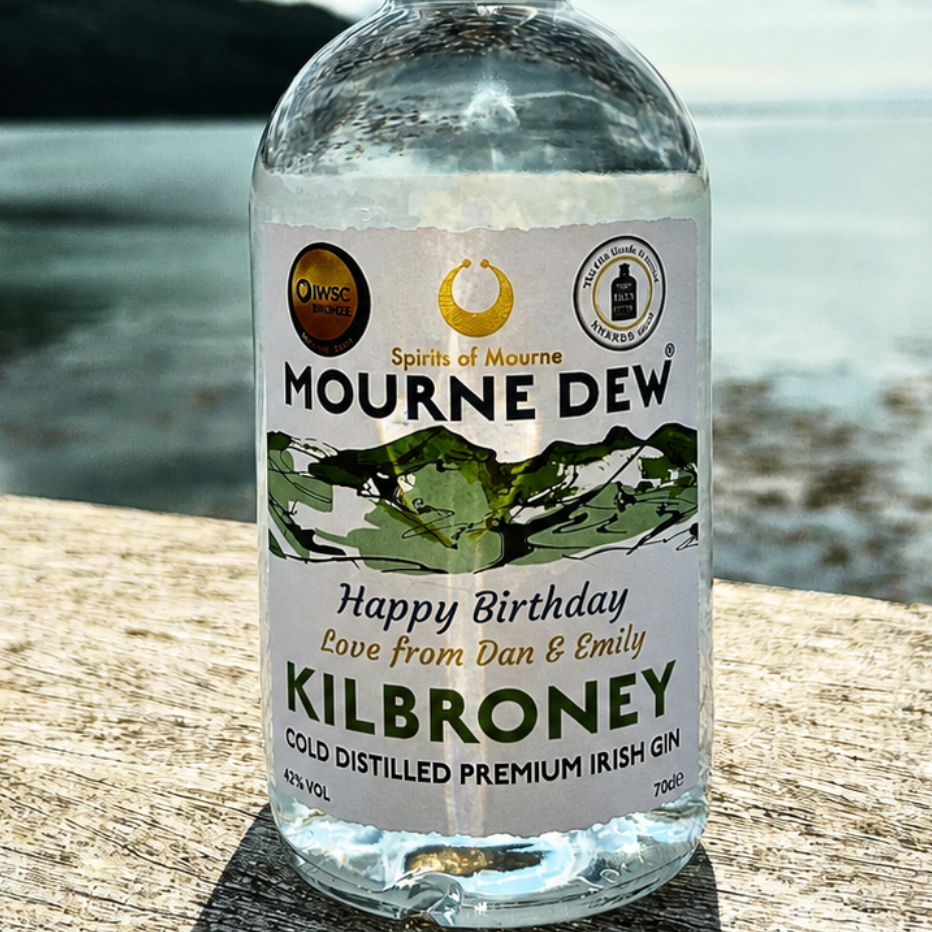 A bottle of Kilbroney Mourne Dew Gin stands on a wooden ledge with a scenic coastal background of water, distant hills, and a cloudy sky.