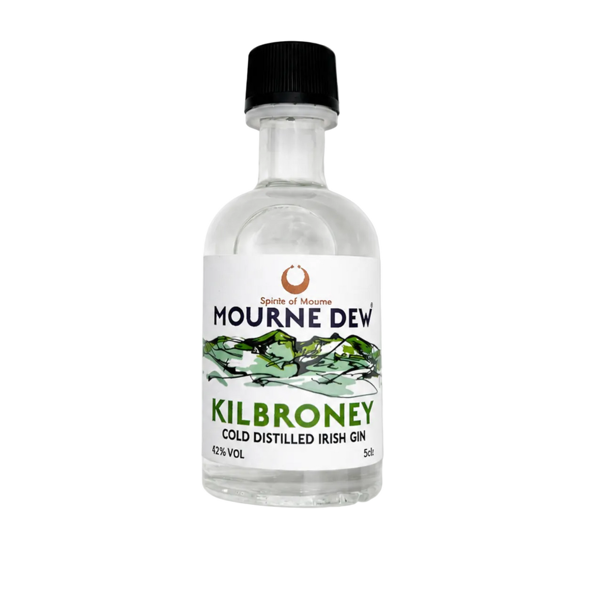 A small clear glass bottle of Mourne Dew Kilbroney Gin with a black cap and a white label featuring green graphics, set against a plain white background.