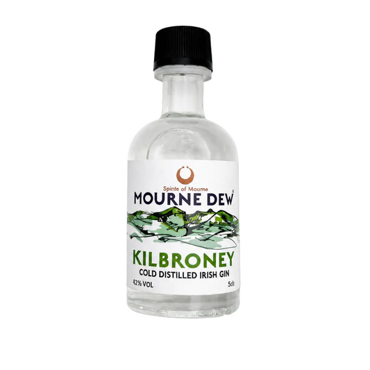 A small clear glass bottle of Mourne Dew Kilbroney Gin with a black cap and a white label featuring green graphics, set against a plain white background.