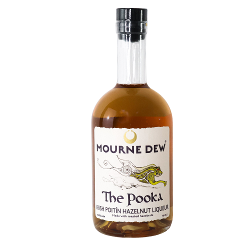 Bottle of Mourne Dew The Pooka Irish Potting Hazelnut Liqueur on a white background