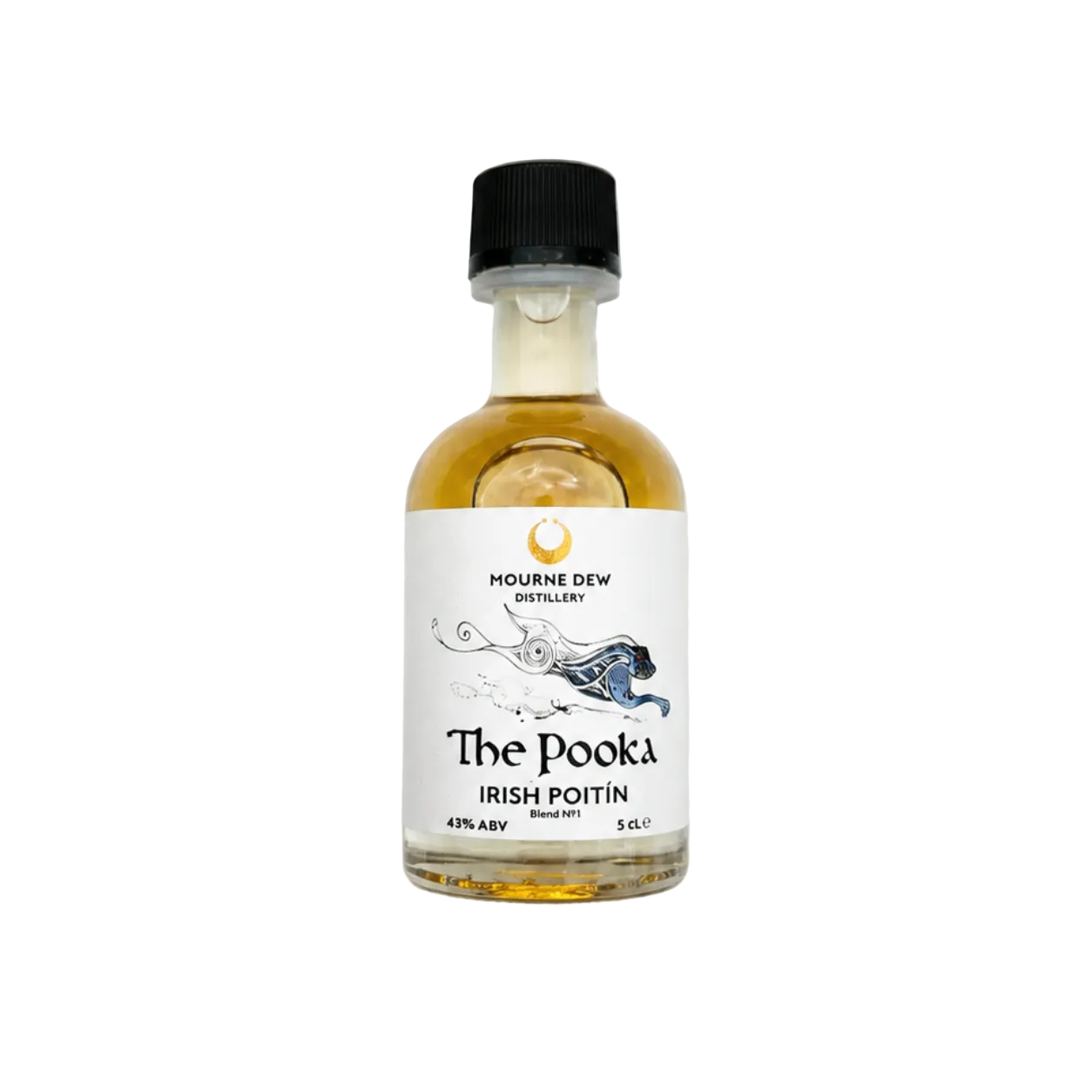 A small glass bottle of Hourné Dev Enthusiast 'The Pooka' Irish Potin spirit, containing amber-colored liquid, with a white label and black cap, centered on a light gray background.