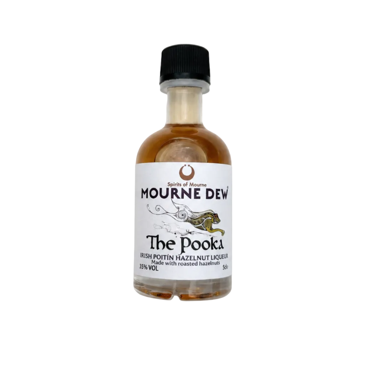 A small glass bottle of Mourne Dew 'The Pooka' Irish Poitín Hazelnut Liqueur, featuring amber-brown liquid, a white label with navy text, and a black cap, set against a plain white background