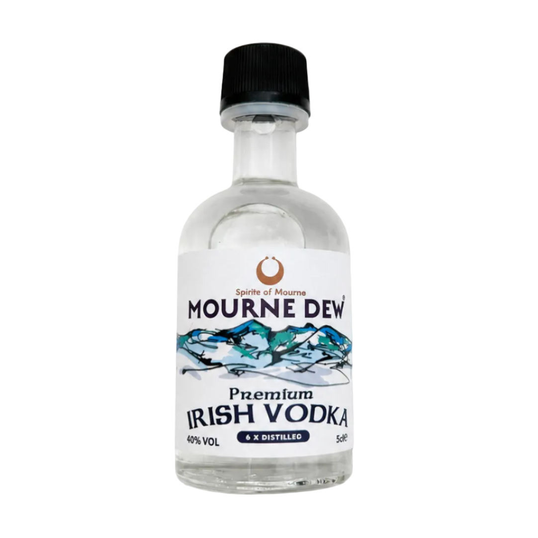 A small clear glass bottle of Irish Vodka with a white label and a black cap, shown on a plain white background.