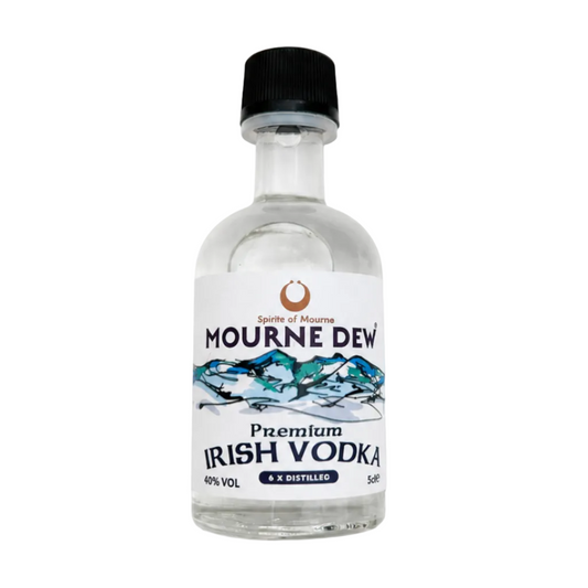 A small clear glass bottle of Irish Vodka with a white label and a black cap, shown on a plain white background.