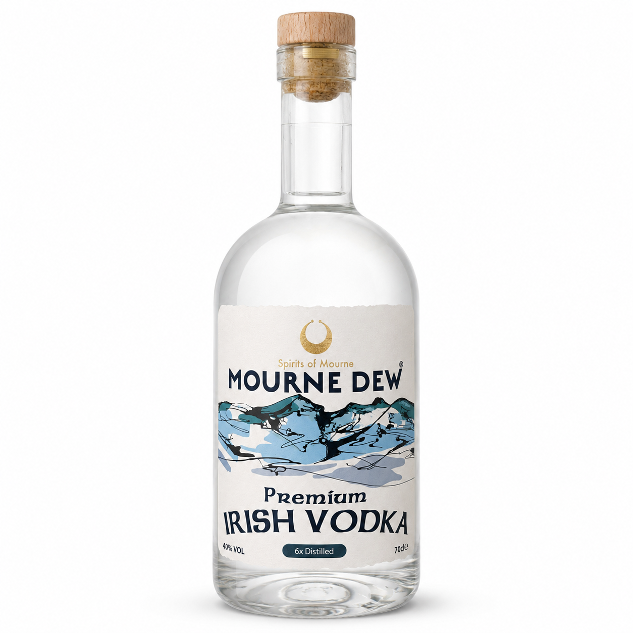 A bottle of Mourne Dew Premium Irish Vodka on a clean white background. The clear glass bottle features a white label with a blue and white mountain illustration and a cork stopper.