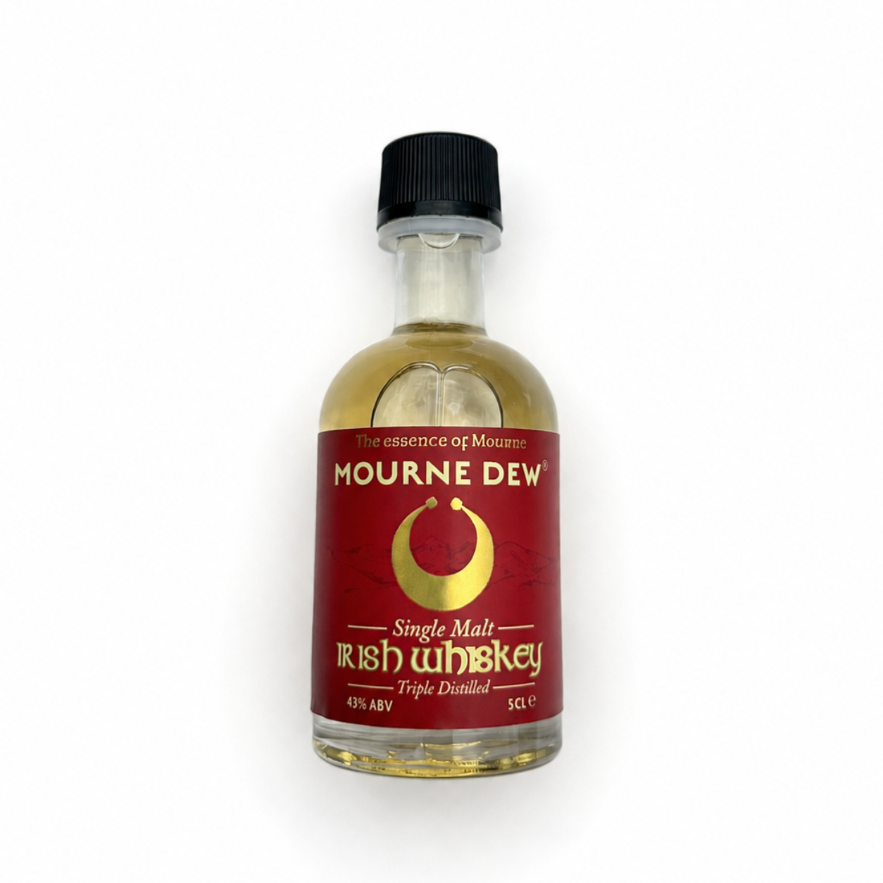 A 50ml glass bottle of Mourne Dew Single Malt Irish Whiskey with a red label and black cap, set against a plain white background.