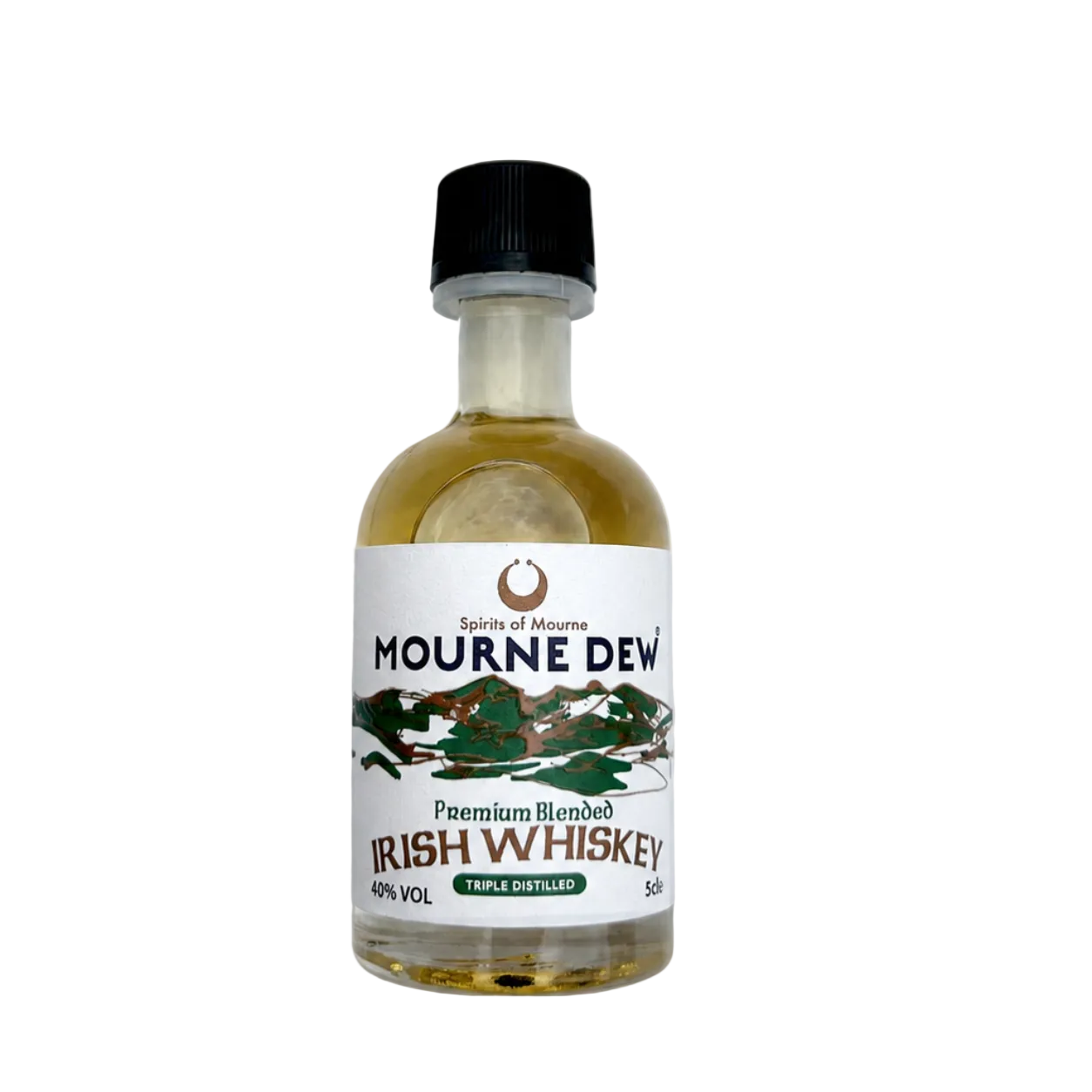 A small bottle of Spirits of Maine 'Mourne Dew' Irish Whiskey (40% vol) with a black cap and white label, set against a plain white background.
