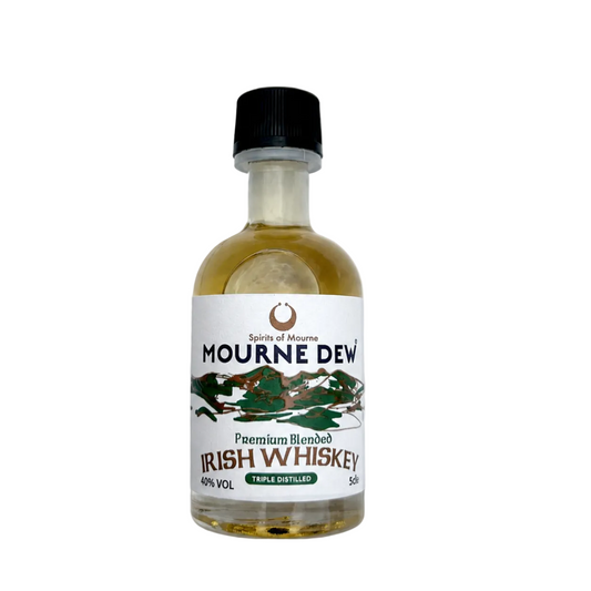 A small bottle of Spirits of Maine 'Mourne Dew' Irish Whiskey (40% vol) with a black cap and white label, set against a plain white background.