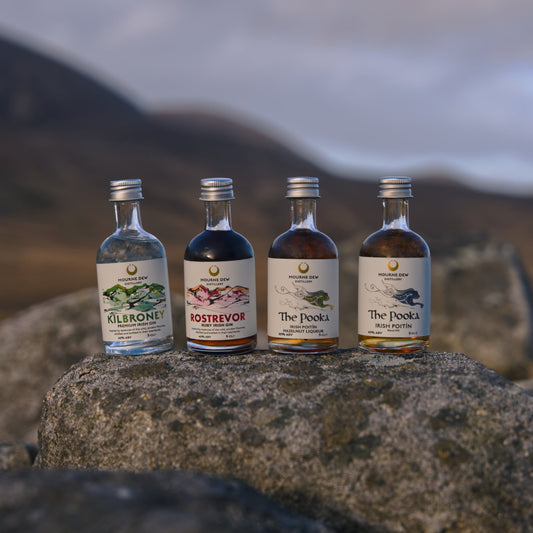 Four miniature liquor bottles with silver caps are lined up on a large rock outdoors, with blurred mountains and a cloudy sky in the background. The labels show the brands: Olisport, Rovers, The Dock, and The Dock's.