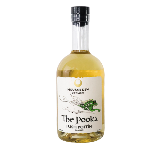 Bottle of The Pooka Irish Poitin from Mourne Dew Distillery on a white background