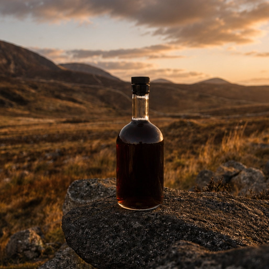 Bottle of coffee liqueur on a rock with a scenic mountain landscape at sunset.