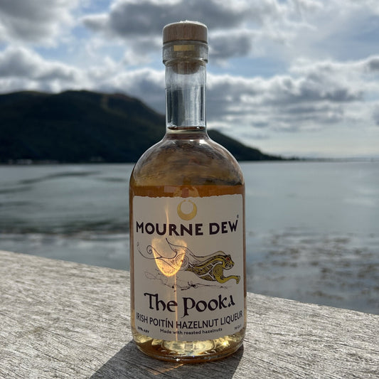 A bottle of Mourne Dew 'The Pooka' potín hazelnut liqueur stands on a weathered wooden ledge with a scenic coastal background of water, mountains, and a cloudy sky.